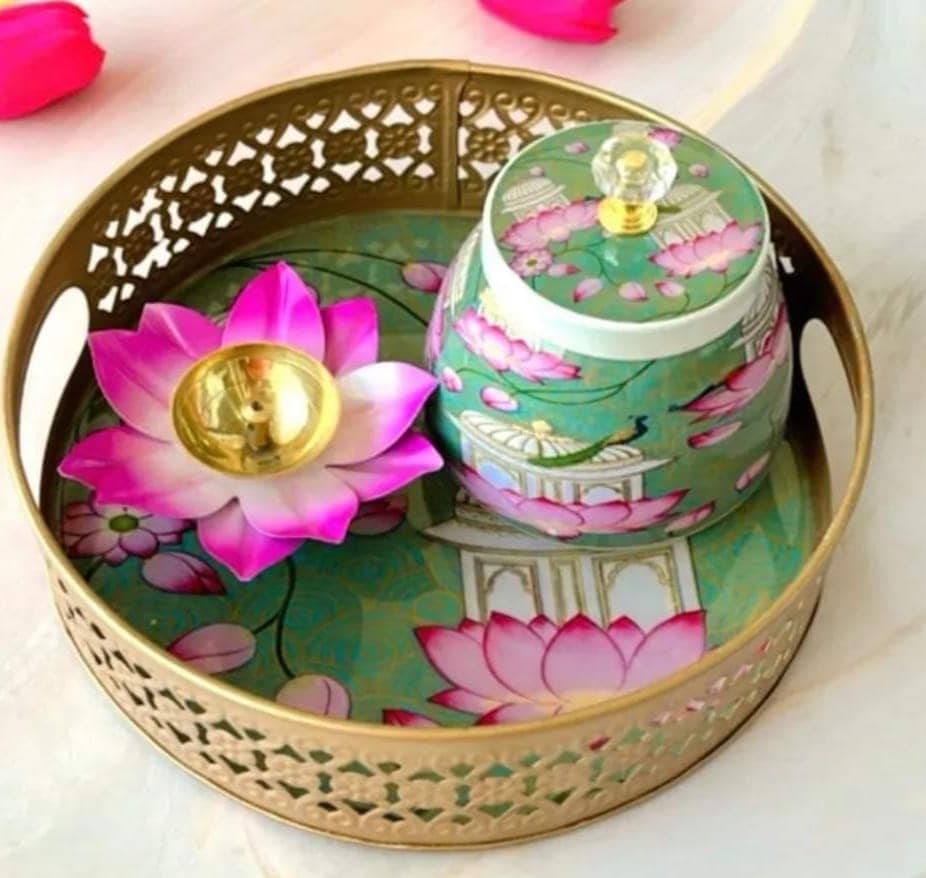 Pichwai lotus 🪷 metal tray with matching Jar and diya 🪔